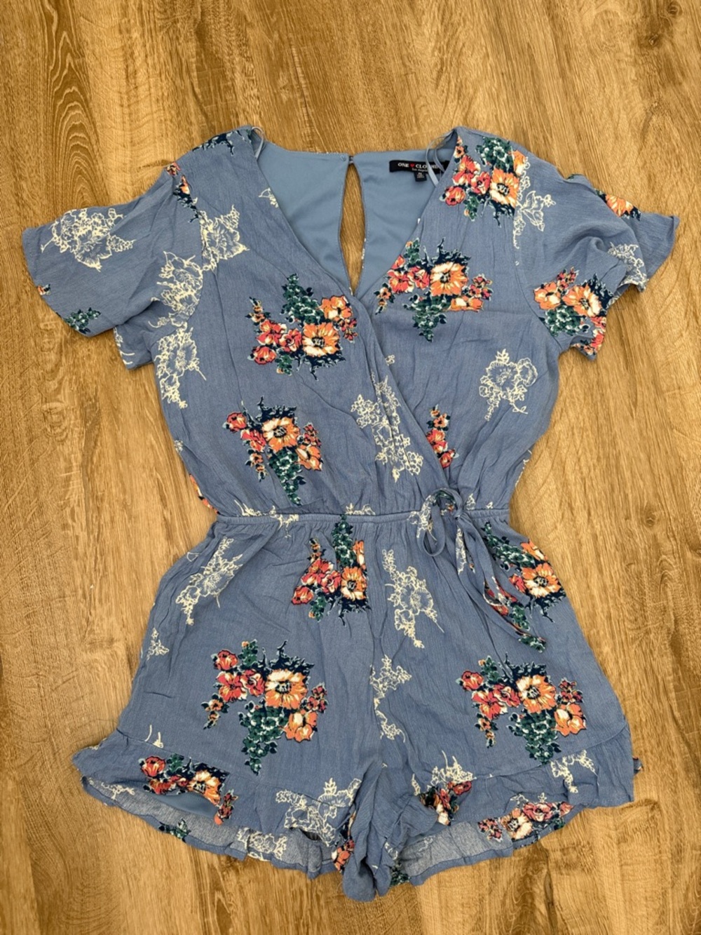 Women’s Blue Floral Wrap-Front One-Piece Romper